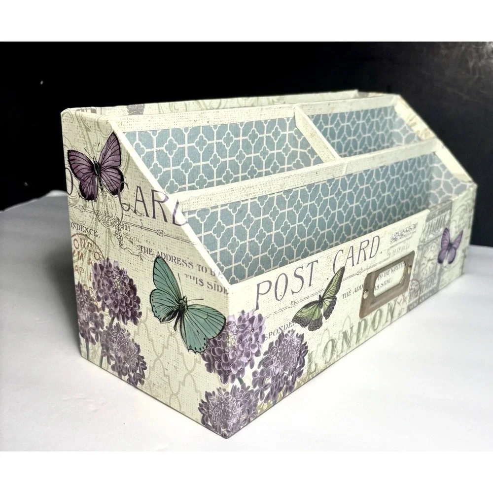 Desk Organizer 4 Compartments Vintage Aesthetic Butterflies Stamps Travel Postal